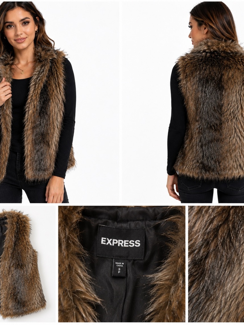 EXPRESS Faux Fur Vest Women Small Brown Open Front Boho Winter Layering - Picture 4 of 16